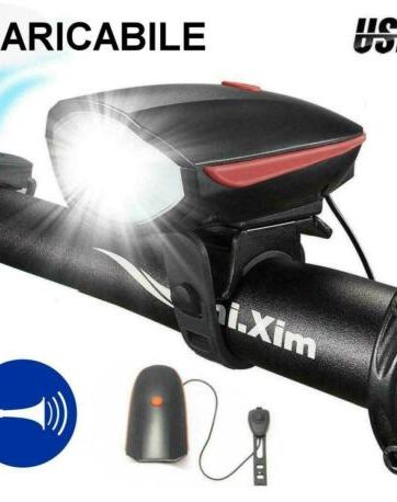LUCE ANTERIORE BICI LED TORCIA FANALE FARO BICICLETTA CAMPANELLO TROMBA ELETTRICO