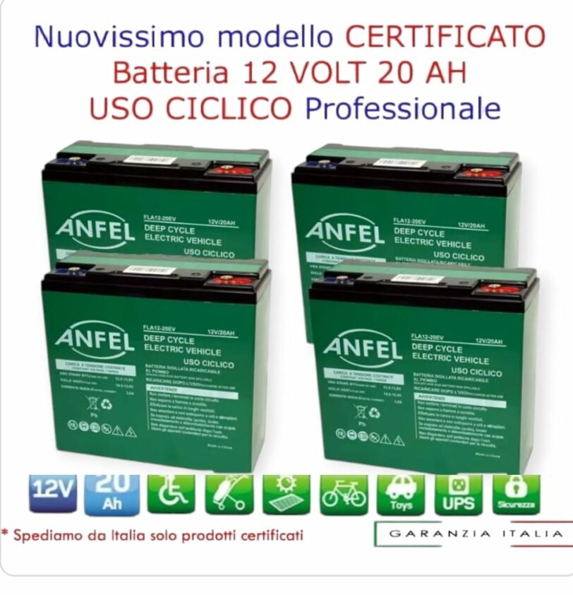 4 BATTERIE PIOMBO 12V 20AH USO CICLICO 6-DZM-20 6-DZM-22 BICI SCOOTER ELETTRICA